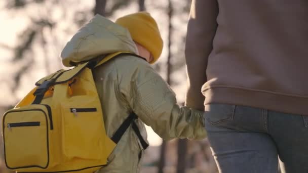 Mother leads the child with a backpack on her shoulders, mom holds the little kid by the hand, lead the baby to school, a girl with a school bag walks through the schoolyard to a lesson, happy family — Stock Video