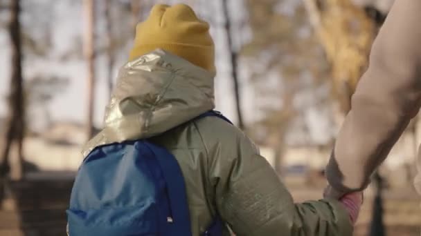 Moeder leidt een vrolijk kind met rugzak naar school in het schoolplein in de herfst, klein kind met schooltas houdt zijn moeder hand, gelukkig gezin, basisonderwijs, kinderen in de leeftijd van de eerste klasser — Stockvideo