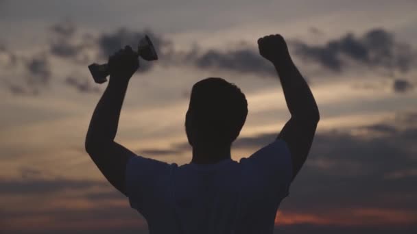 Silueta de un hombre con copa al atardecer, ganador en la fiesta de la competición, líder activo de la gente, victoria de un campeón feliz, concepto de lograr la meta, conseguir el premio de oro, éxito masculino — Vídeos de Stock