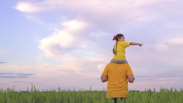 Father Runs Small Child His Arms Kid Dreams Being Airplane — Stock Video
