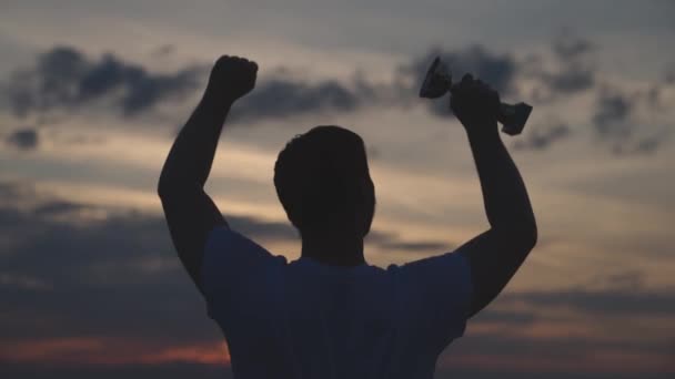 日没時のカップを持つ男のシルエット競争の休日に勝者競争の積極的な指導者幸せなチャンピオンの勝利目標を達成する概念金賞を得る男性の成功 — ストック動画