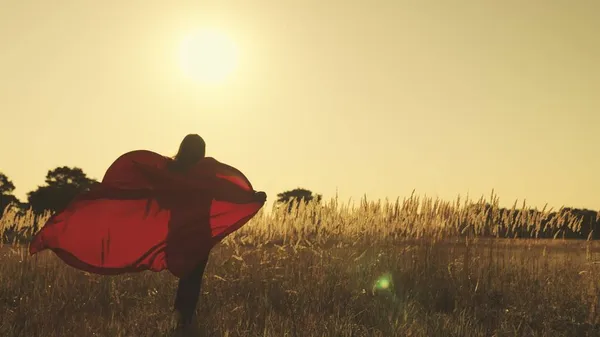 Happy teenage girl in developing red cloak in wind at sunset in the sky, dreaming of becoming superhero protecting weak and not wine people, defeating evil, good person who does good loves to help — Stock Photo, Image