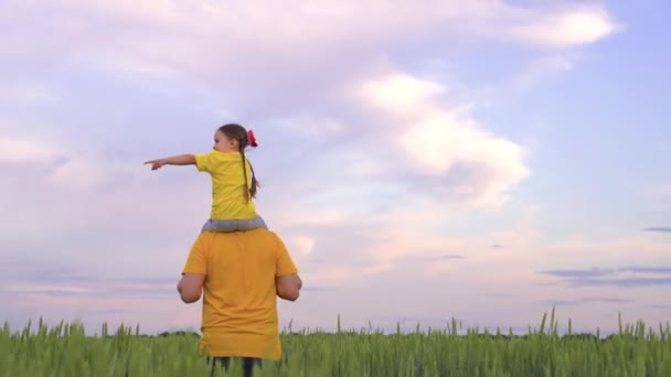 Father runs with small child his arms, kid dreams being an airplane pilot, happy family, cheerful childhood girl with dad, joyful weekend trip with baby, father day, beloved parent entertain daughter — Stock Video