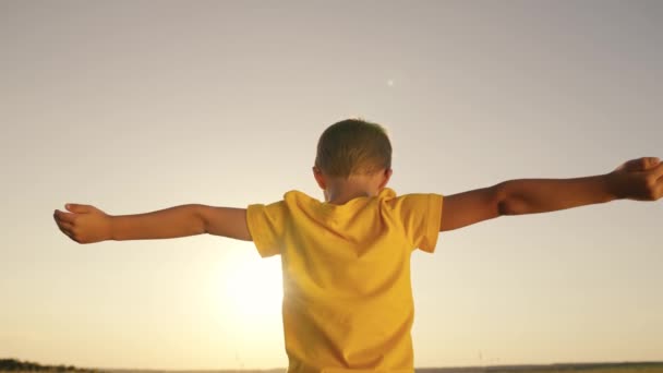Szczęśliwy chłopiec modli się, wyciągając ręce na boki o zachodzie słońca, dzieciak modlący się do słońca na niebie, wyciągający pomocną dłoń, cieszący się wolnością na świeżym powietrzu spacerujący po przyrodzie w parku, inspirujący sen z dzieciństwa — Wideo stockowe