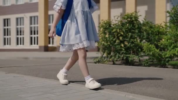 Glad liten flicka leker på skolgården, ett litet barn med ryggsäck, en barnväska på babys axlar, ett roligt barn grundskoleutbildning, en barndomsdröm, ett roligt skolliv — Stockvideo