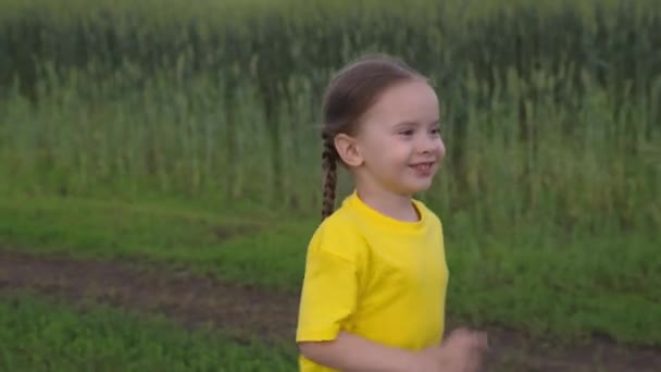 Klein kind loopt langs de weg, gelukkig kind spelen straat lachen, vrolijk meisje glimlachen spelen inhaalslag, baby haasten vooruit, platteland, gezonde beweging jeugd buiten — Stockvideo