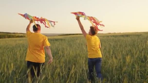 Vater und Sohn laufen mit einem Drachen in der Hand, der Wind fängt, glückliche Familie, Junge und Vater haben Spaß beim gemeinsamen Spielen auf dem Feld, Reisen am Wochenende, Sommerurlaub auf dem Land, Kindheitstraum zu fliegen — Stockvideo