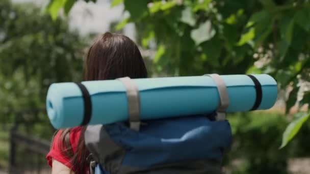 Chica joven millennial viaja con mochila y alfombra turística, día brillante en la vida, feliz concepto de vacaciones, vacaciones en la naturaleza en la carretera turística, en busca de aventura en vacaciones, concepto de viajero — Vídeos de Stock