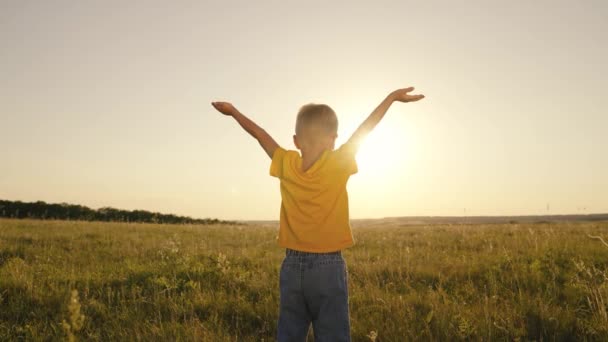 Щасливий хлопчик молиться, поширюючи руки в сторони на заході сонця, дитина молиться до сонця в небі, тягне руку допомоги, насолоджується свободою на відкритому повітрі, ходить на природі в парку, надихаючи дитячу мрію — стокове відео