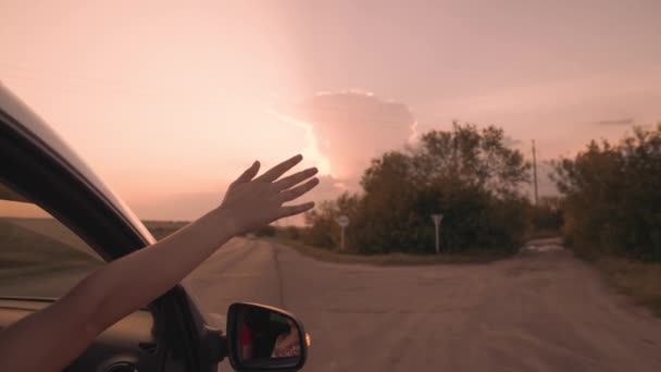 車からの女の子は日没時に彼女の手で風をキャッチし、旅に車を運転し、アスファルトの道路を運転し、無料の速度、幸せな家族生活、休暇中のドライバーの冒険、屈託のない旅の概念をお楽しみください — ストック動画