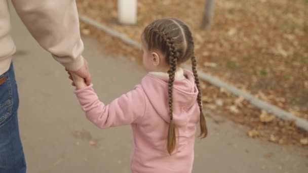 Little child girl holds her fathers hand, kid walks through the autumn park, happy family life, daughters day off with daddy, walking on road in city, fathers day, custody and upbringing of baby — Stock Video
