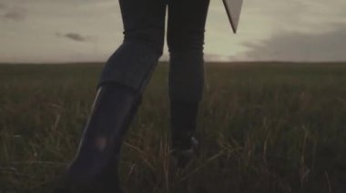 Lastik çizmeli bir çiftçi elinde tabletle tarlada yürüyor, çiftçilik, gün batımında tarlada iş adamı, bir tarlada yürüyor, toprağı sürme zamanı, akşam çiftliği.