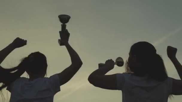 Silueta de una chica con copa en la mano regocijarse en la victoria, saltar con felicidad, lograr el éxito mediante la obtención de oro, la competencia activa y recibir trofeo, reír y abrazo en el trabajo en equipo, sonrisas en los deportes — Vídeo de stock