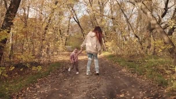 Dziecko biega wokół matki i śmieje się w parku, szczęśliwa rodzina, wesołe dziecko z mamą gra w grę, złota jesień z pięknymi opadłymi liśćmi w lesie, dziewczynka uśmiecha się na spacerze i skacze — Wideo stockowe