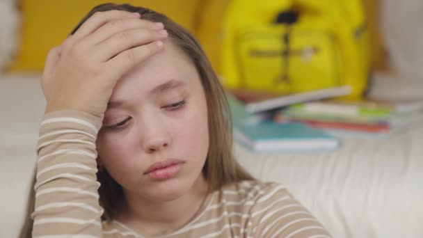 Teenager girl is going through adolescence problems, school failure, conflict with classmates, parents, thinking about bad, iration at education, nervous irritation rejected kid, lonely pain soul — Stock video