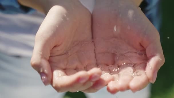 Gardez l'eau claire propre dans les paumes de vos mains, éco, rafraîchissez-vous par une chaude journée d'été, gardez vos mains propres et saines, l'environnement, les gouttelettes et les éclaboussures d'eau humide — Video