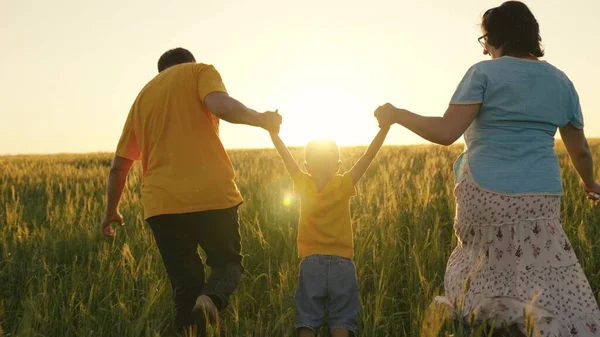 Mother and father lead the little kid by the hands along the foam field, concept of family business life, people walk and play with boy son at sunset, fun childhood in nature, enjoy glare of sunlight — Stock Photo, Image