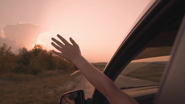 Chica libre extiende su mano desde el coche en una puesta de sol rosa, cogiendo el viento con su mano, mientras que en transporte por carretera, familia feliz, ir de vacaciones de aventura de ensueño, divertirse en el viaje por carretera — Vídeos de Stock