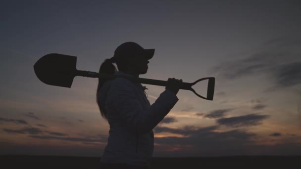 Silhouette of a senior farmer with a shovel at sunset, farming, small business of a gardener, the concept of an american work on plantation, an agronomist in a rural land of the land goes to dig soil — стоковое видео