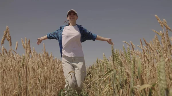 Zemědělství, šťastný agronomista běží přes pole se zdviženýma rukama, farmář pracuje na venkově, sluch pšenice na farmě, čas sklizně, zralá pšeničná zrna na plantáži, veselý vesničan — Stock fotografie