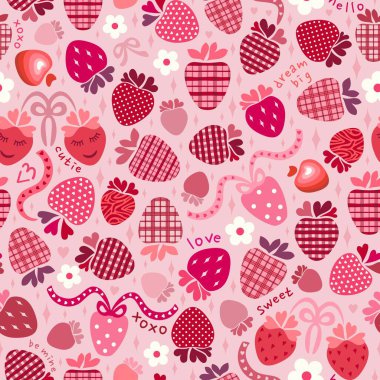 Ekose ve benekli çilekler, klasik pembe ve kırmızı kalpler, çiçekler, kurdeleler. Metin: Aşk, xoxo, benim ol, büyük, tatlı, tatlı, merhaba. Moda # sevici estetik sosyal medyada Gen Z tarafından popüler hale getirildi. Sevgililer Günü romantik tatil tasarımı.