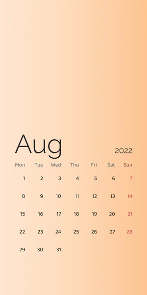2022年8月 日历规划师设定了从周一开始的模版公司设计周 — 图库矢量图片