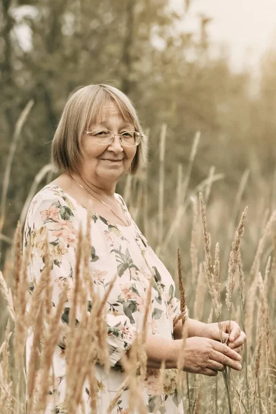 Une Femme Âgée Dans Herbe Haute Avec Des Épillets Automne — Photo