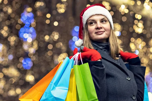 Young Woman Christmas Shopping Colorful Bright Paper Bags Gifts Walk — Fotografia de Stock