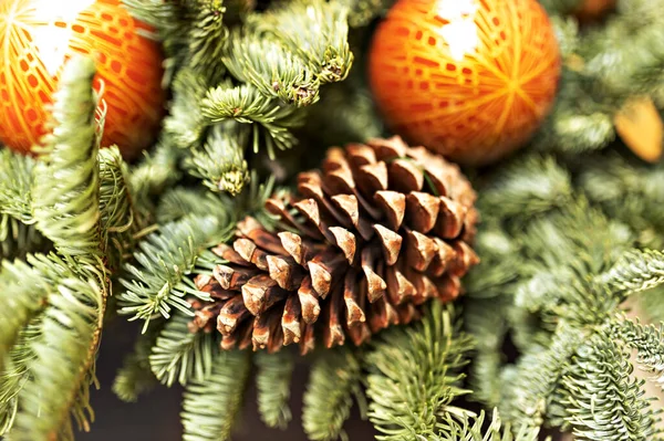 Vánoční Pozadí Vánoční Stromeček Zdobené Vánoční Hračky Zimní Prázdniny Nový — Stock fotografie