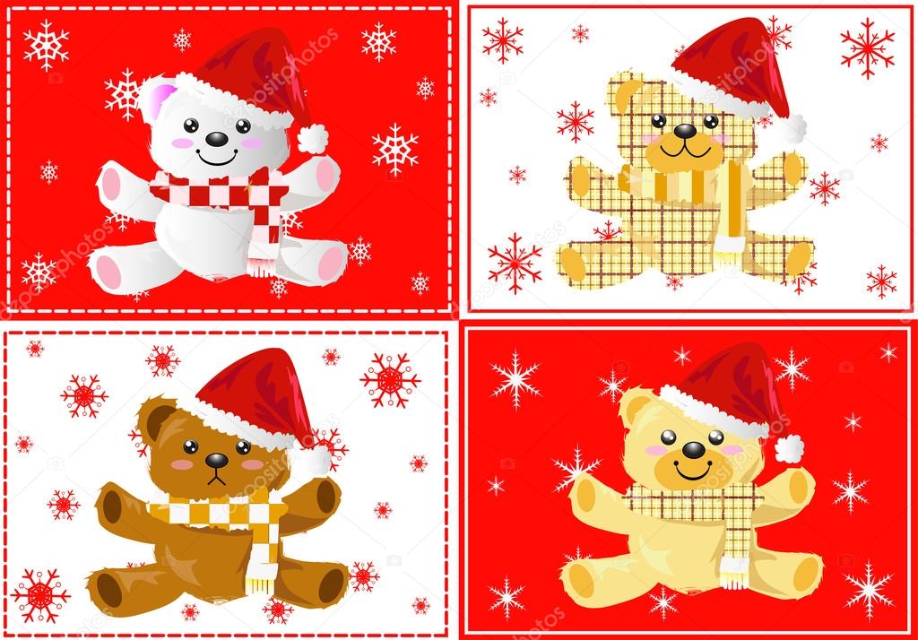 Set of Christmas Greeting Card with Teddy bears in difference ba