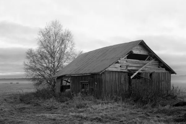 Auf Den Herbstlichen Feldern Steht Ein Verlassenes Scheunenhaus Der Nebel — Stockfoto