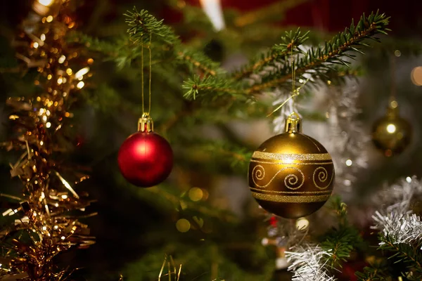 Two Christmas Baubles Hanging Christmas Tree Tree Real Spruce Brought — Stock Photo, Image