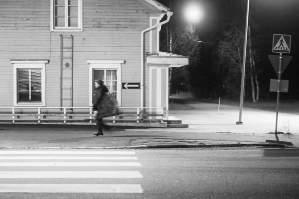 Elderly Lady Walking Very Fast Winter Night Rural Town — Stock Photo, Image