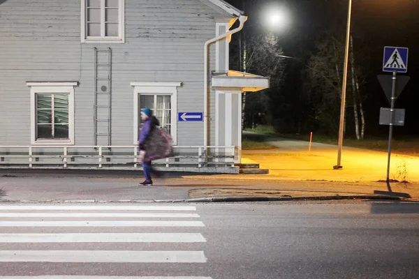 Elderly Lady Walking Very Fast Winter Night Rural Town — Stock Photo, Image