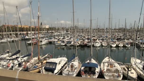 Olympic boat port and Barcelona skyline — Stock Video