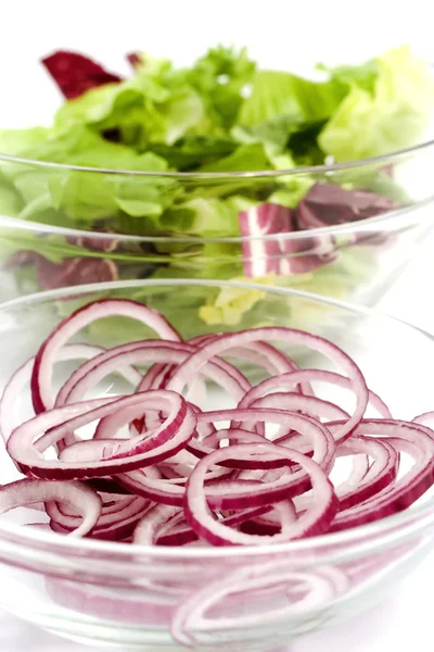 Луковые кольца и салат — стоковое фото