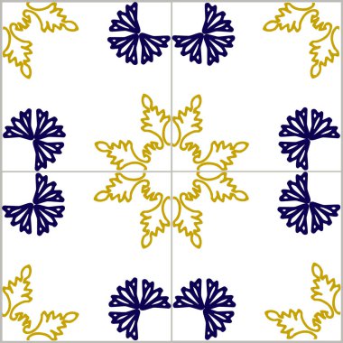 Portekiz mavi ve sarı fayans desenleri - Azulejos vektörü, moda iç tasarım fayansları. Süslü tekstil arkaplanı