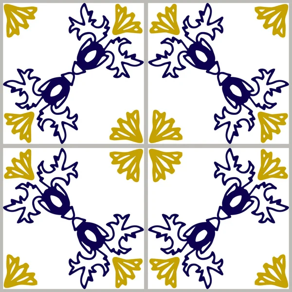 Portugalski niebieski i żółty wzór płytek - wektor Azulejos, projektowanie wnętrz mody płytek. Ozdobne tło włókiennicze — Wektor stockowy