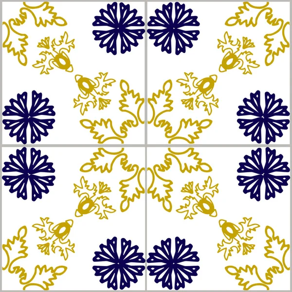 Motif carreaux bleu et jaune portugais Azulejos vecteur, carreaux de design d'intérieur de mode. Fond textile ornemental — Image vectorielle