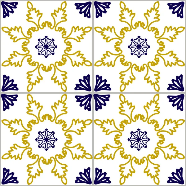 Portugiesische blaue und gelbe Fliesen Muster - Azulejos Vektor, Mode Innenarchitektur Fliesen. Ornamentaler textiler Hintergrund — Stockvektor