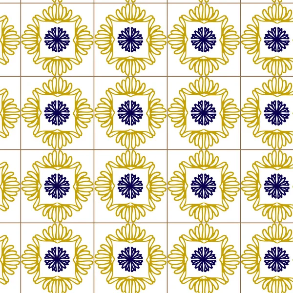 Azuleyo nahtlose Muster gelb und blau ornament.Portugal geometrische Keramik. — Stockvektor