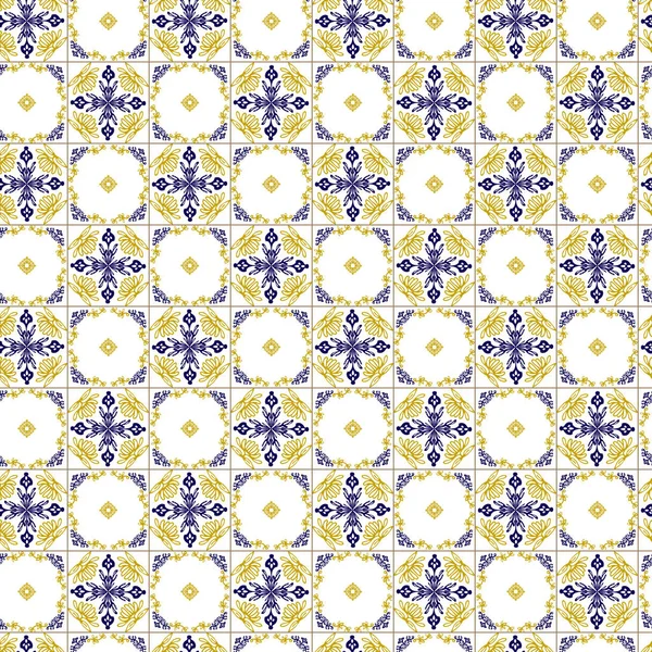 Azuleyo motif sans couture jaune et bleu ornement.Portugal céramique géométrique. — Image vectorielle