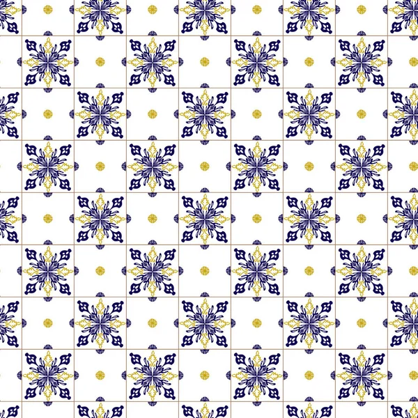 Azuleyo desensiz sarı ve mavi süslemeler. Portekiz geometrik seramikleri.. — Stok Vektör