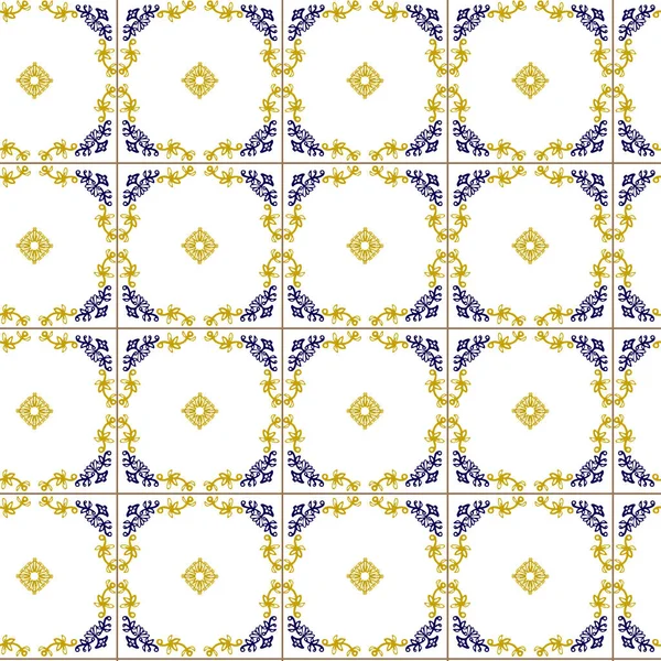 Azuleyo nahtlose Muster gelb und blau ornament.Portugal geometrische Keramik. — Stockvektor