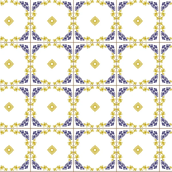 Patrón sin costura Azuleyo adorno amarillo y azul.Portugal cerámica geométrica. — Vector de stock