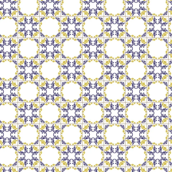 Azuleyo motif sans couture jaune et bleu ornement.Portugal céramique géométrique. — Image vectorielle