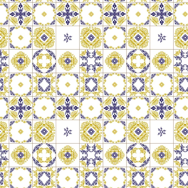 Azuleyo motif sans couture jaune et bleu ornement.Portugal céramique géométrique. — Image vectorielle