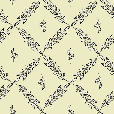 Vector botanical seamless pattern, light green background, olive leaves garland