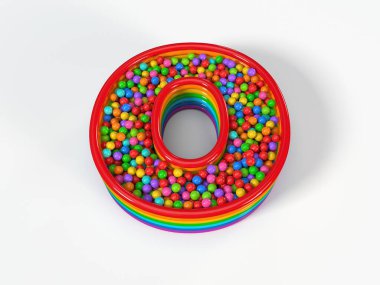 O harfi plastik oyuncak toplarıyla dolu bir çocuk havuzu. Çocuklar, oyunlar ve oyuncak temaları için uygun. 3B illüstrasyon