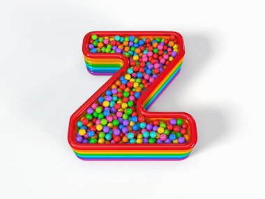 Z harfi şeklinde plastik oyuncak toplarıyla dolu bir çocuk havuzu. Çocuklar, oyunlar ve oyuncak temaları için uygun. 3B illüstrasyon